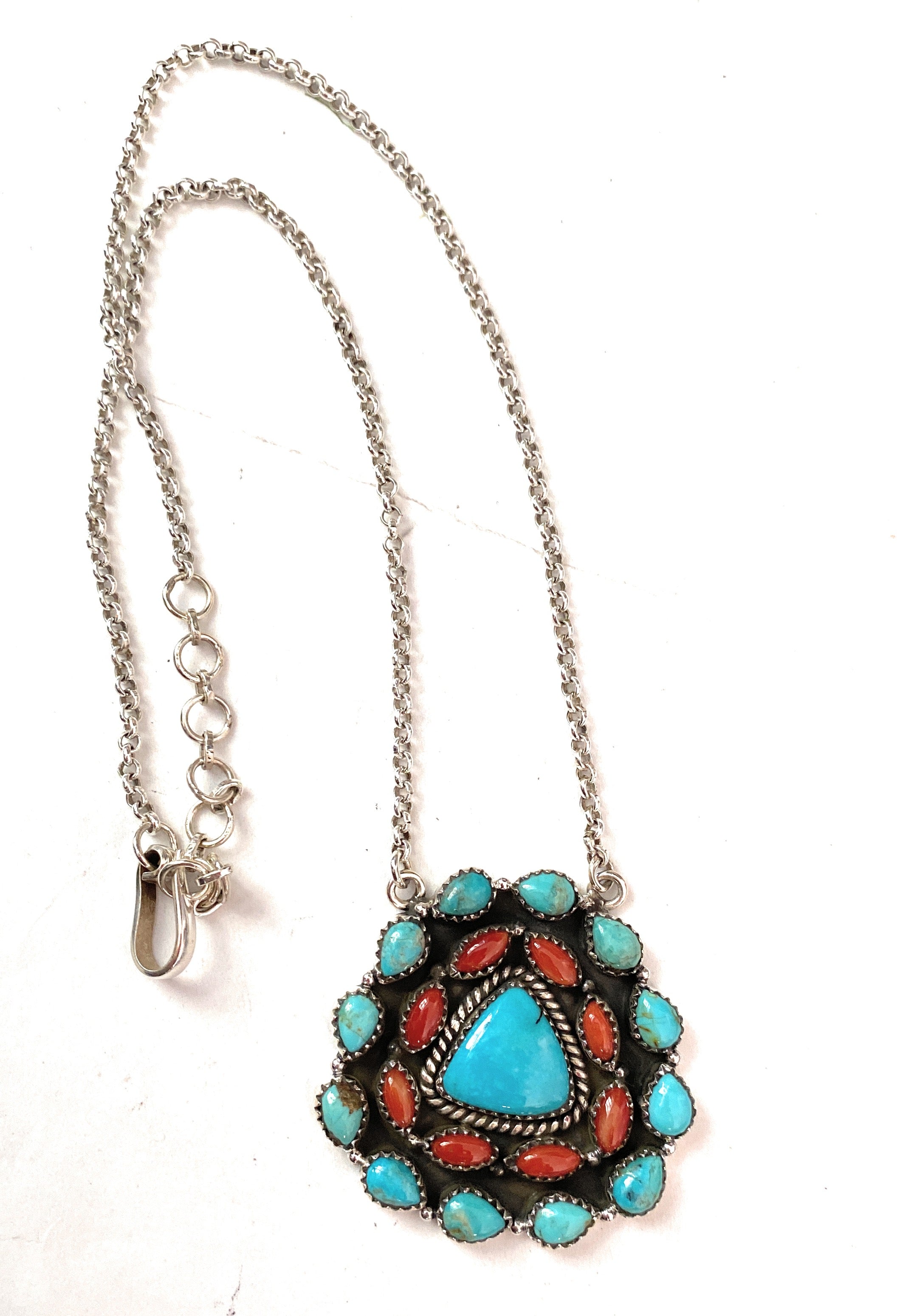 Handmade Sterling Silver, Turquoise & Coral Cluster Necklace