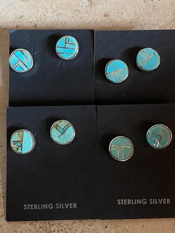 Navajo Turquoise & Sterling Silver button Stud Earrings set 1