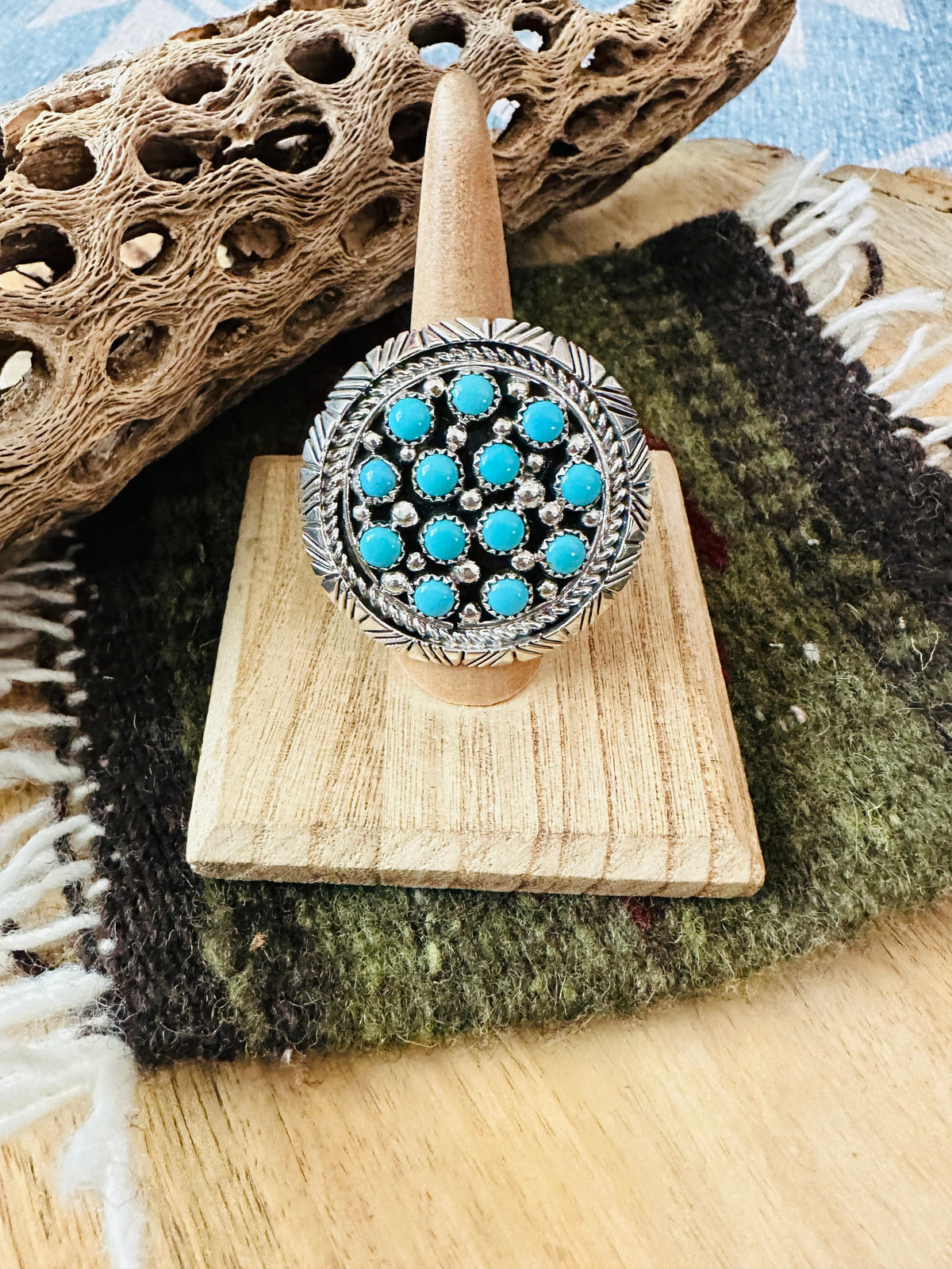 Navajo Sterling Silver & Turquoise Cluster Ring Signed