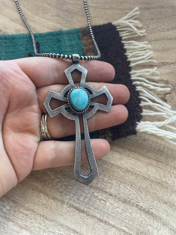 Navajo Sterling Silver & Turquoise Cross Pendant Signed Eugene Mitchell