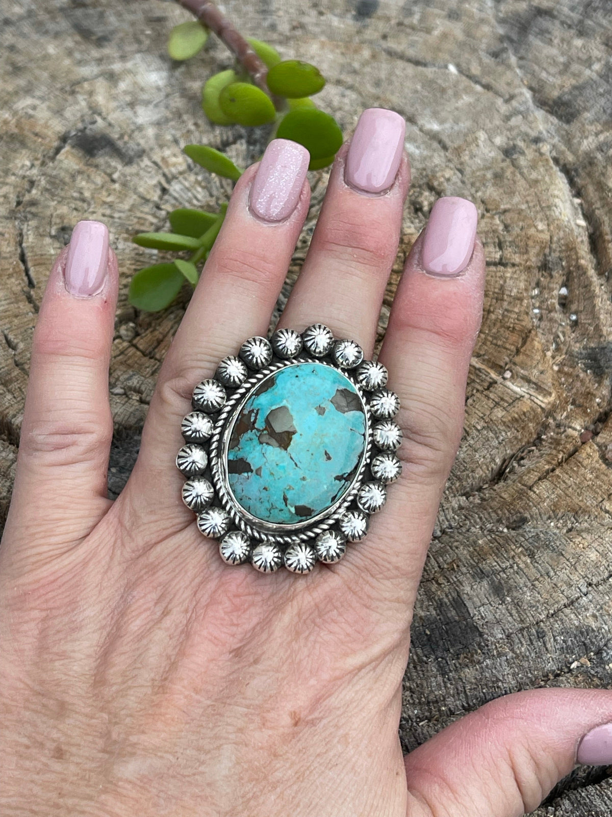 Navajo Sterling Cluster Silver Turquoise Oval Ring Sz 8