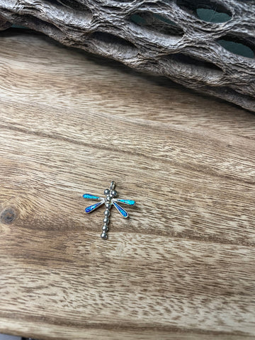 Sterling Silver And Blue Fire Opal Inlay Dragonfly Pendant