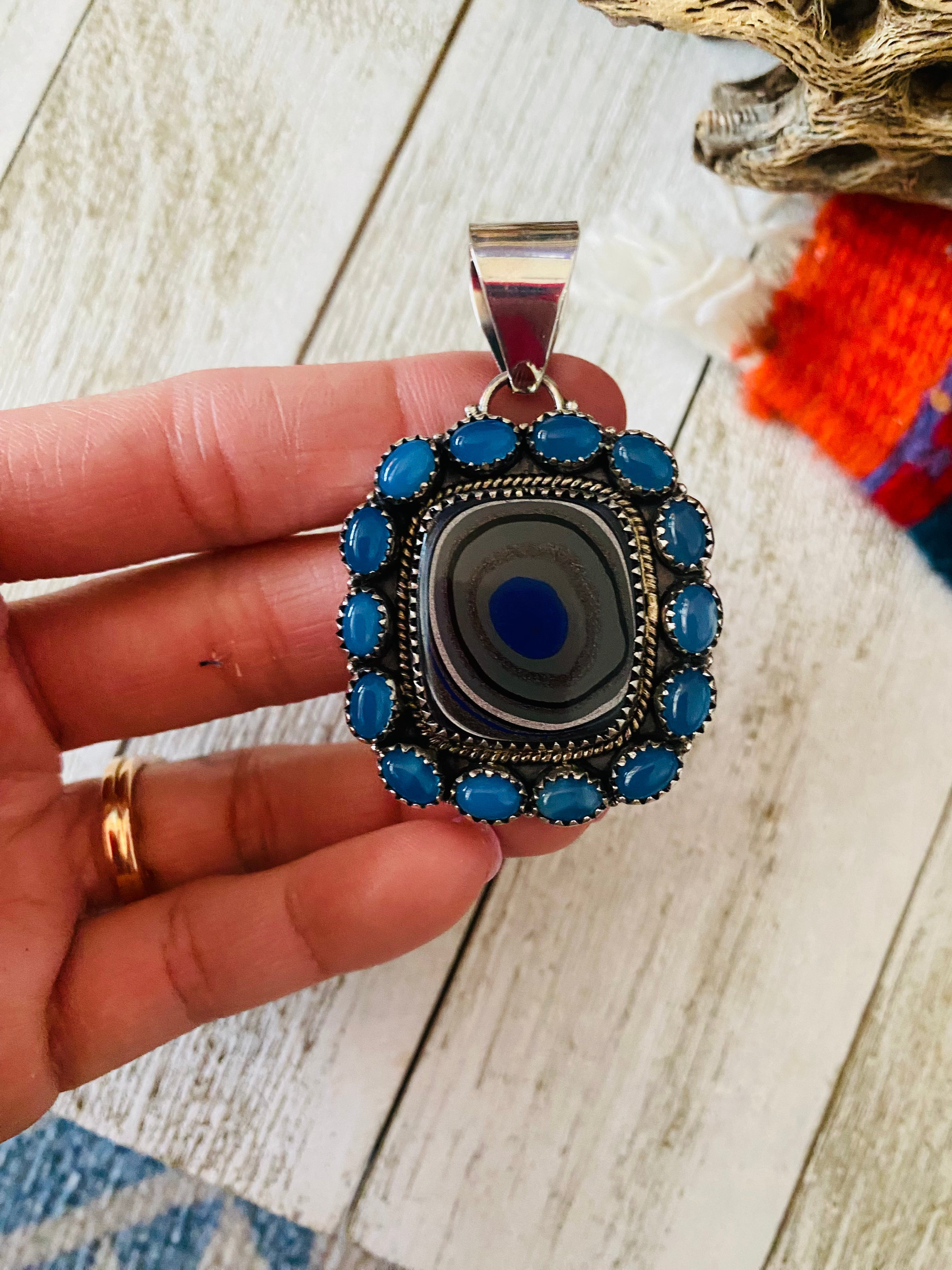 Handmade Sterling Silver, Fordite & Blue Calcedony Cluster Pendant