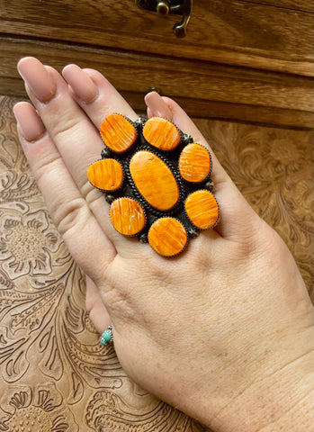 Navajo Sterling Silver And Orange Spiny Ring Size 7