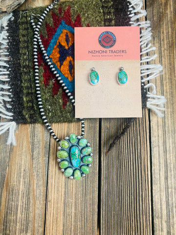 Navajo Sonoran Mountain Turquoise & Sterling Silver Cluster Earrings & Pendant Set