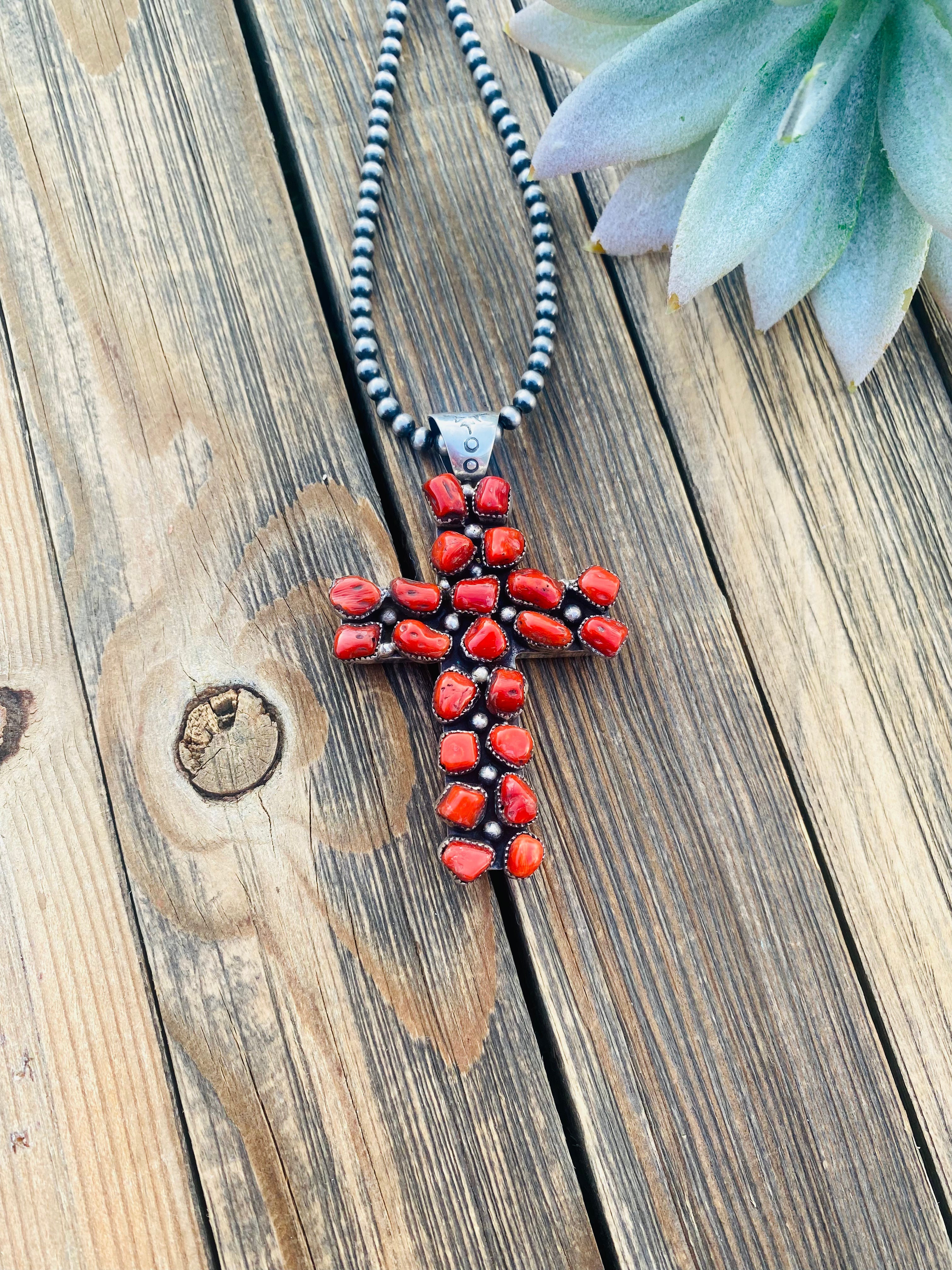 Navajo Multi Stone And Sterling Silver Two Sided Inlay Cross Pendant