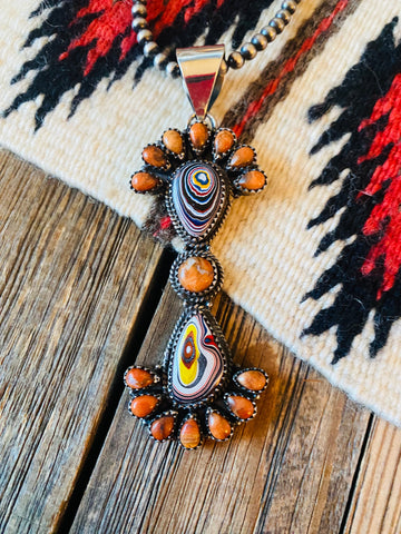 Handmade Sterling Silver, Fordite & Orange Mohave Cluster Pendant