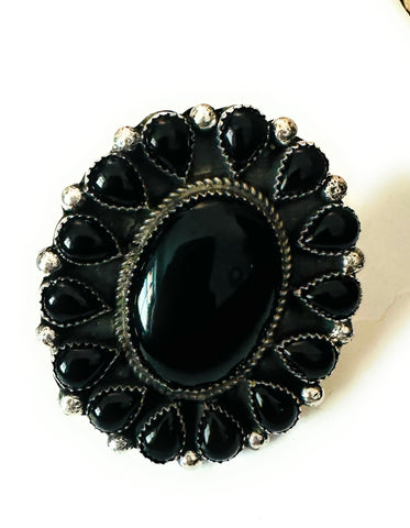 Navajo Sterling Silver & Black Onyx Cluster Adjustable Ring