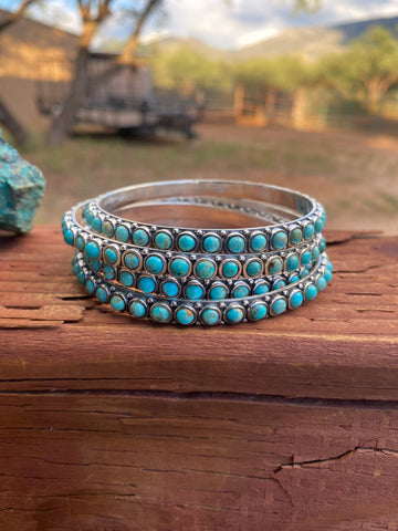 Natural Kingman 4mm Turquoise & Sterling Silver Bangle Bracelet 7.5