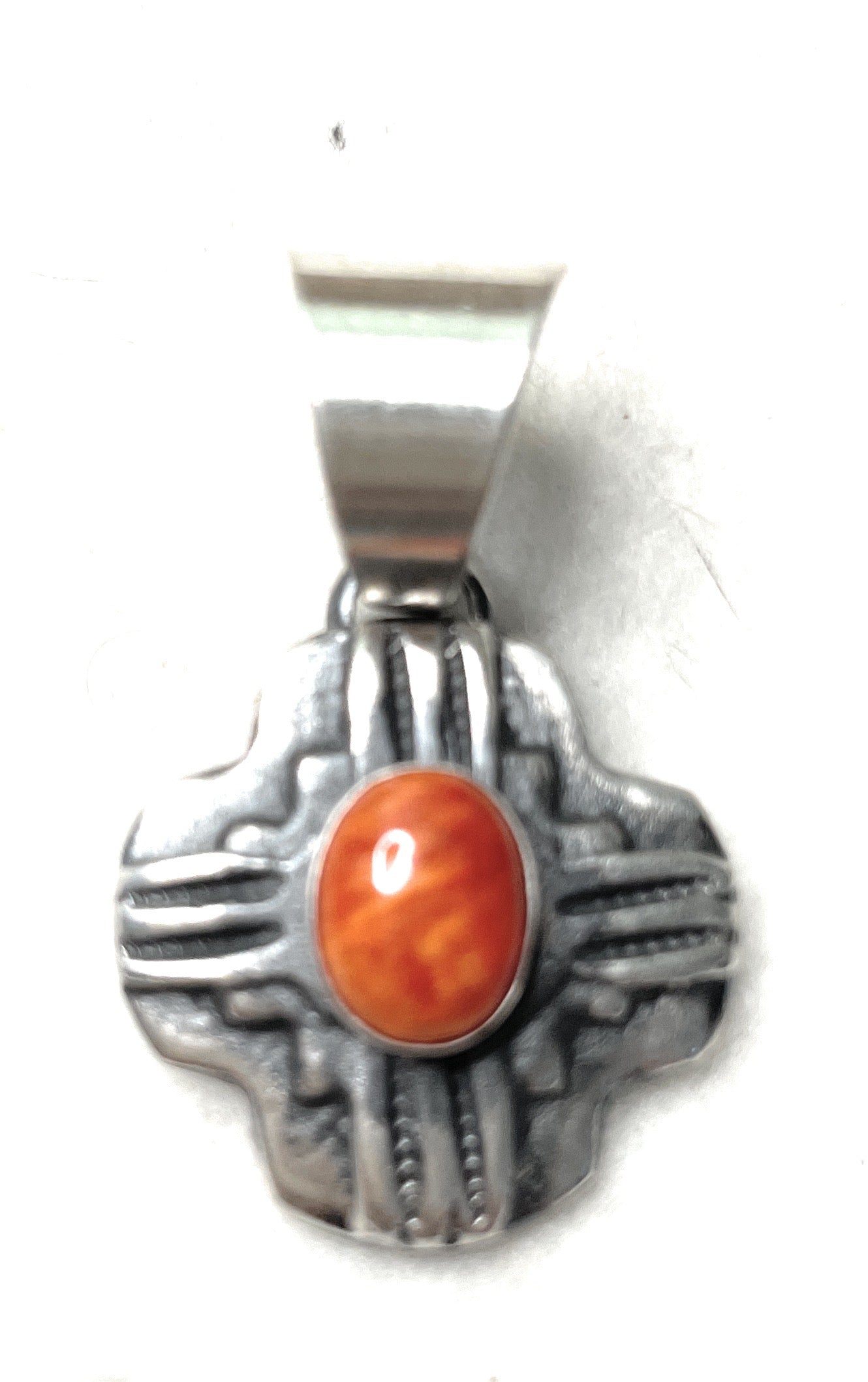 Navajo Sterling Silver Orange Spiny Pendant By Chimney Butte