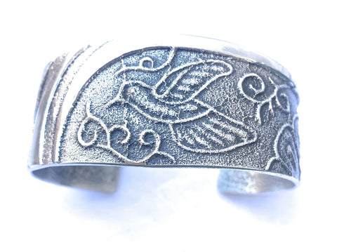 Vintage Navajo Sterling Silver Tufa Cast Hummingbird Cuff Bracelet