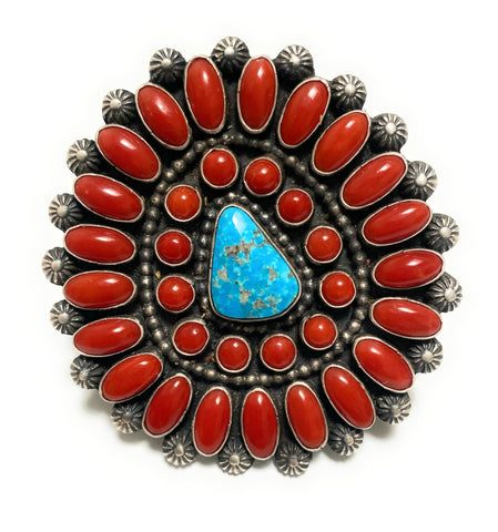 Shawn Cayatenito Cluster Turquoise & Coral Sterling Silver Ring Sz 10 Signed