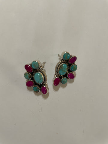 Handmade Pink Onyx, Turquoise & Sterling Silver Earrings Signed Nizhoni