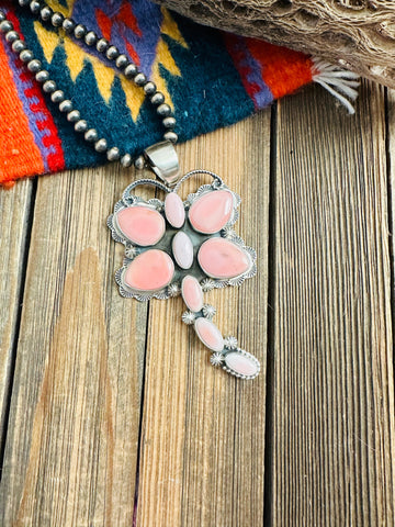 Navajo Queen Pink Conch & Sterling Silver Dragonfly Pendant By Shawn Cayatineto