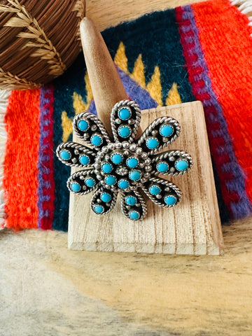 Navajo Turquoise & Sterling Silver Flower Adjustable Ring