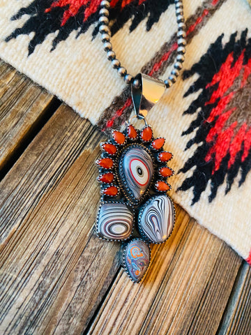 Handmade Sterling Silver, Fordite & Coral Cluster Pendant