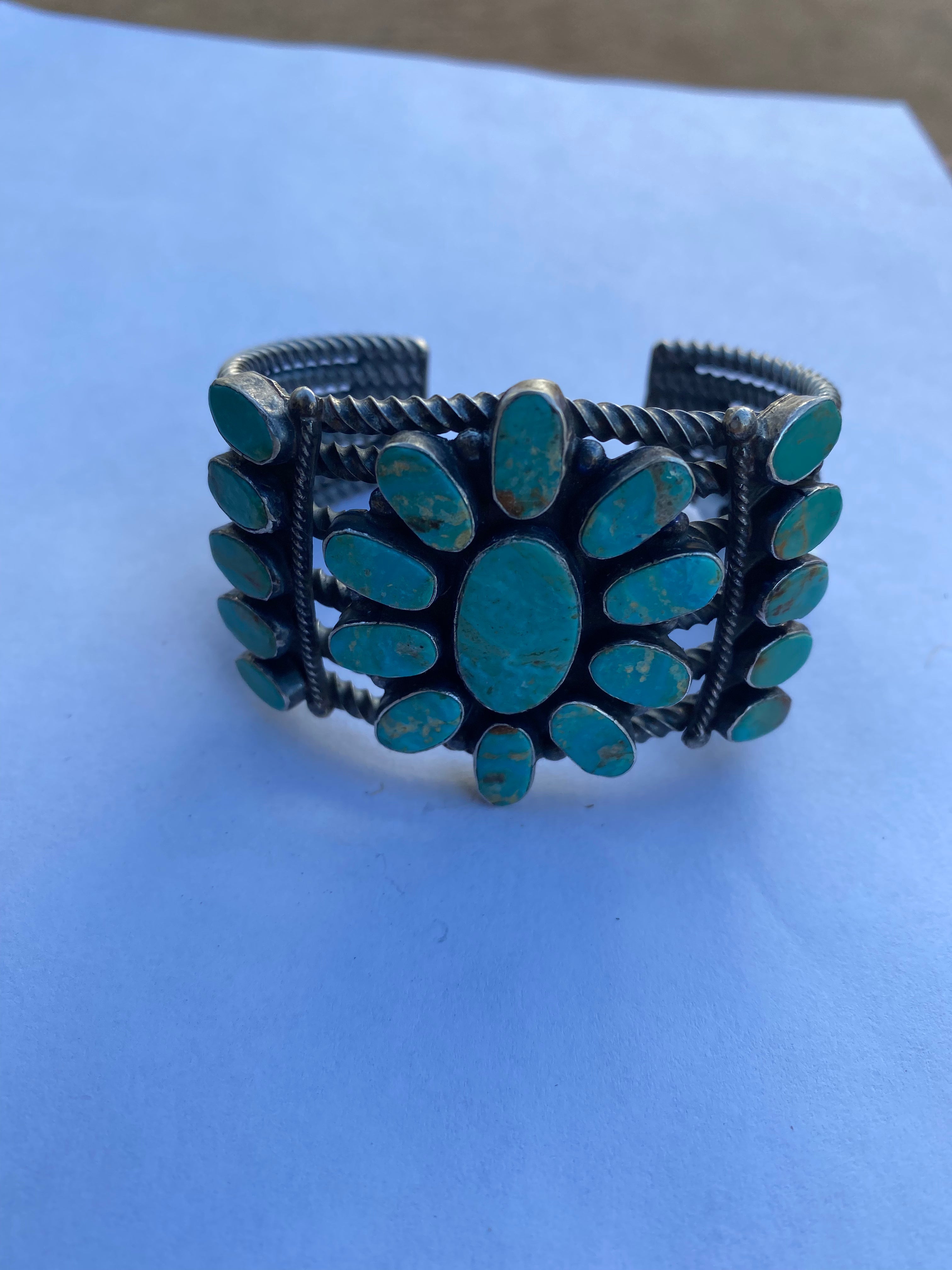 Navajo Jacqueline Silver Royston Turquoise & Sterling Cluster Cuff