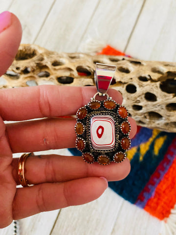 Handmade Sterling Silver, Fordite & Garnet Cluster Pendant