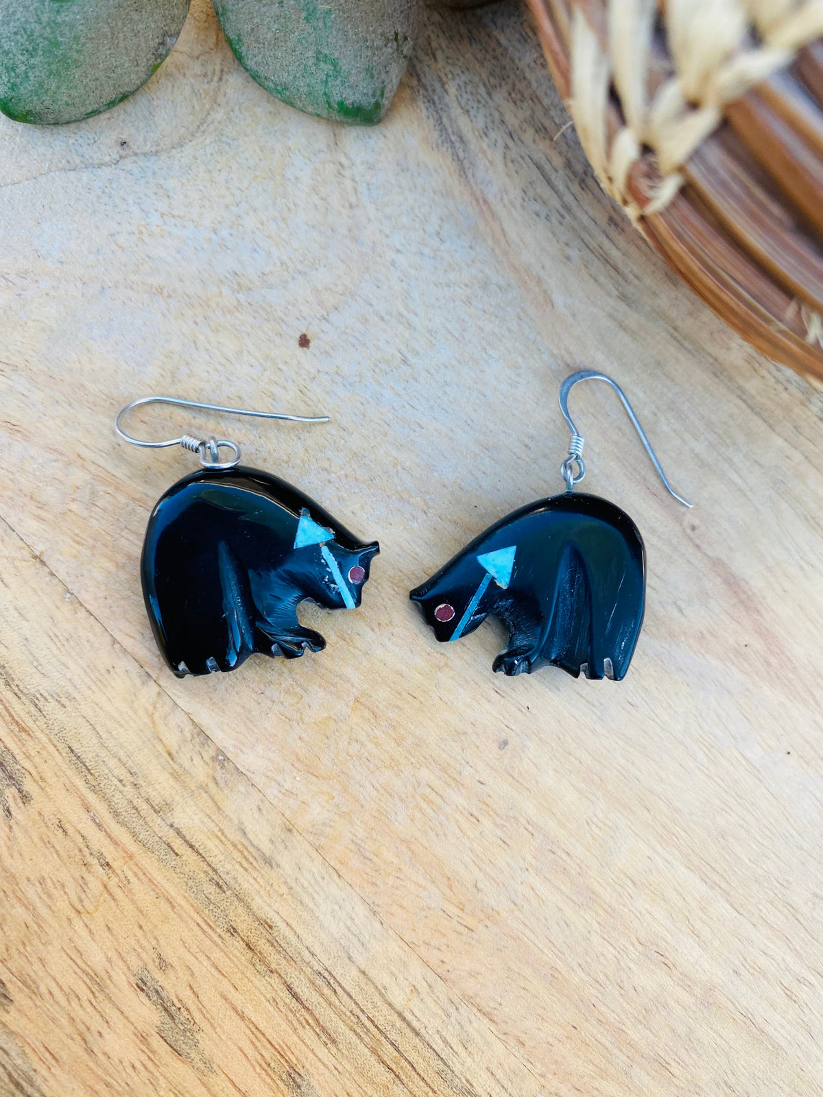 Vintage Zuni Jet & Turquoise Fetish Bear Earrings