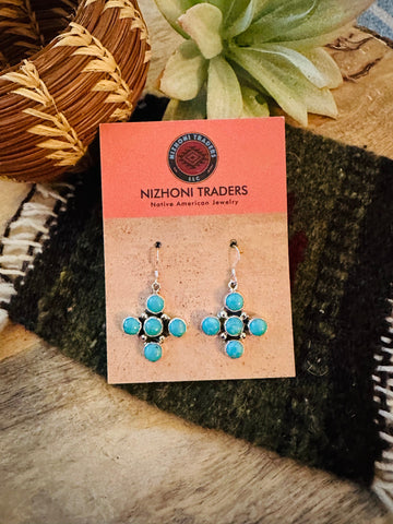 Navajo Sterling Silver & Turquoise Cluster Cross Dangle Earrings