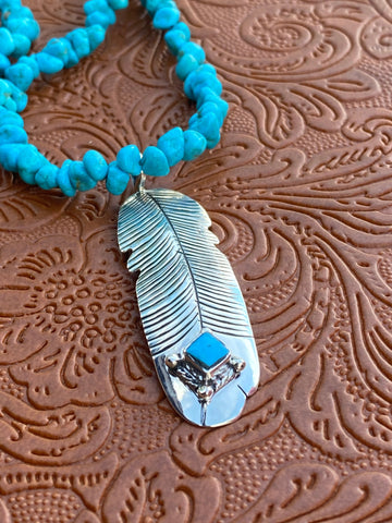 Navajo Kingman Turquoise & Sterling Silver Feather Pendant