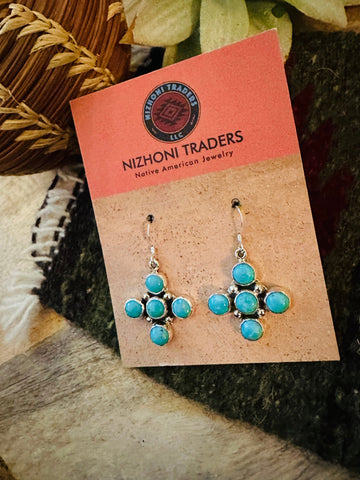 Navajo Sterling Silver & Turquoise Cluster Cross Dangle Earrings