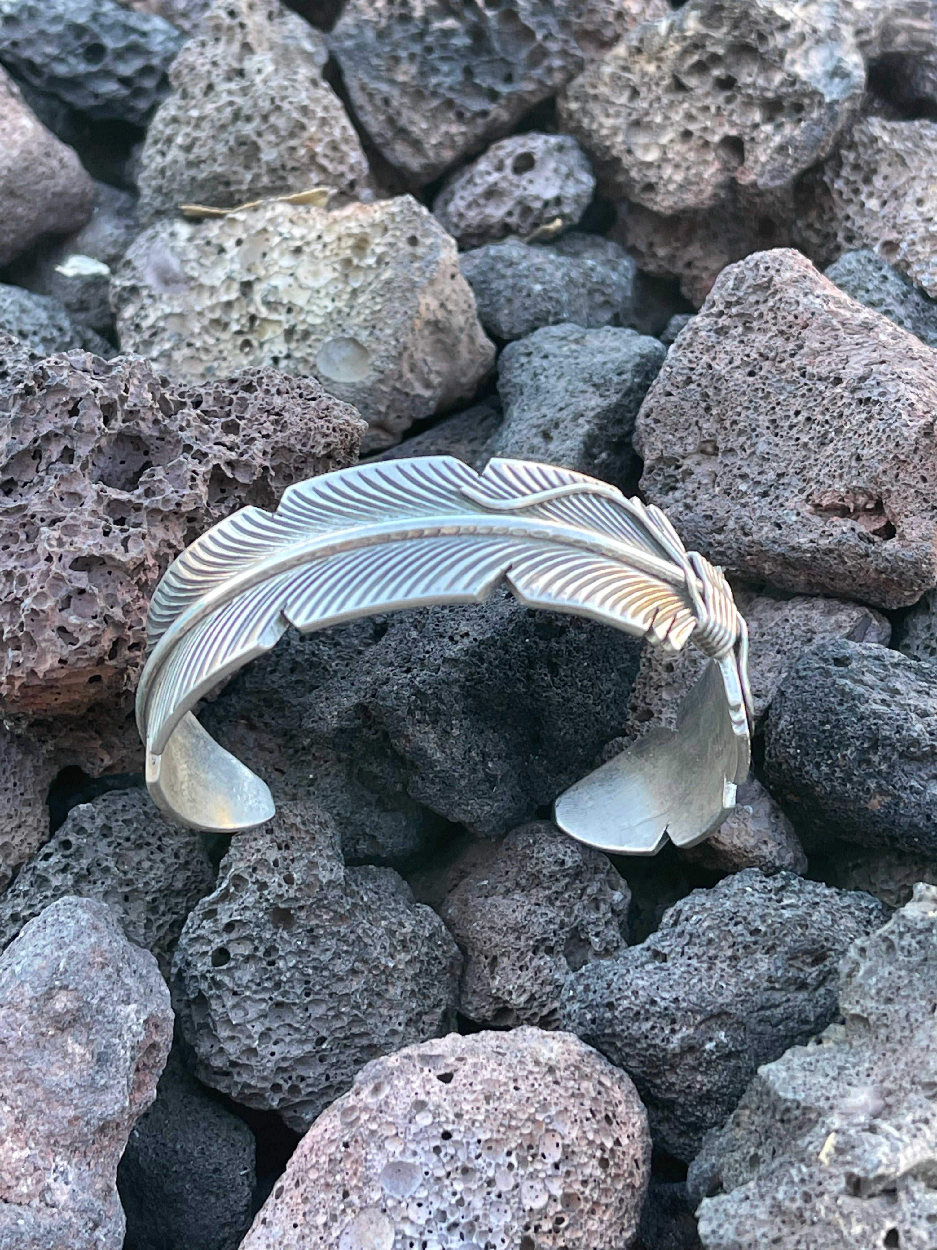 Navajo Sterling Silver Hand Crafted Feather Bracelet Cuff