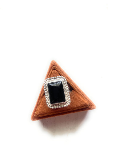 Navajo Sterling Silver & Black Onyx Rectangle Ring Signed J Frank