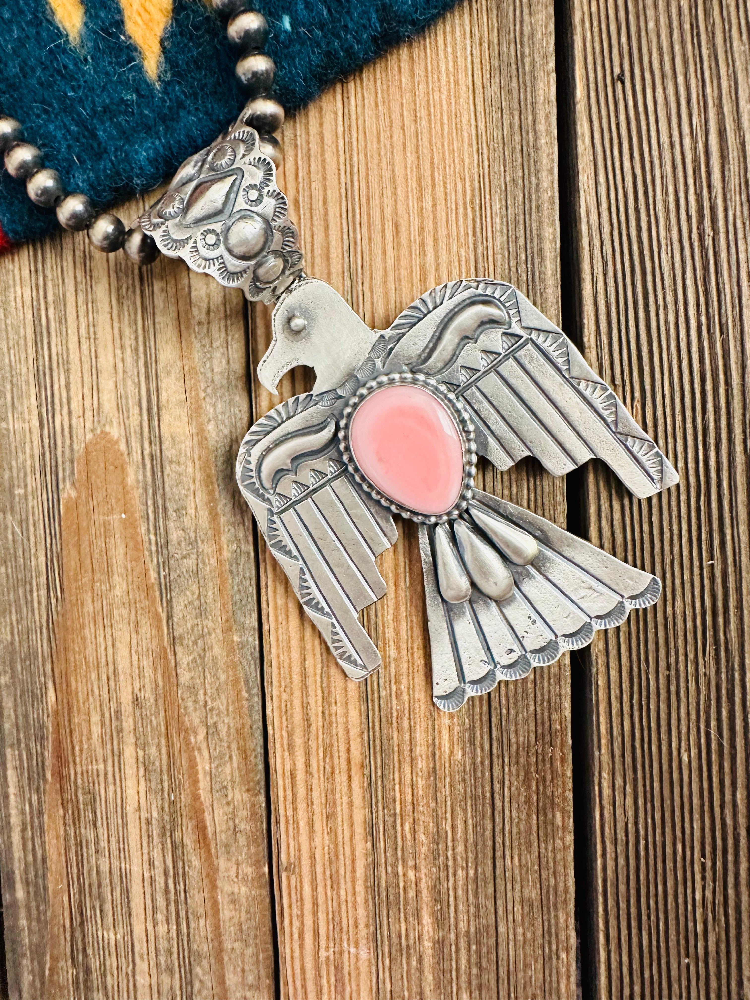 Navajo Queen Pink Conch & Sterling Silver Thunderbird Pendant By Shawn Cayatineto