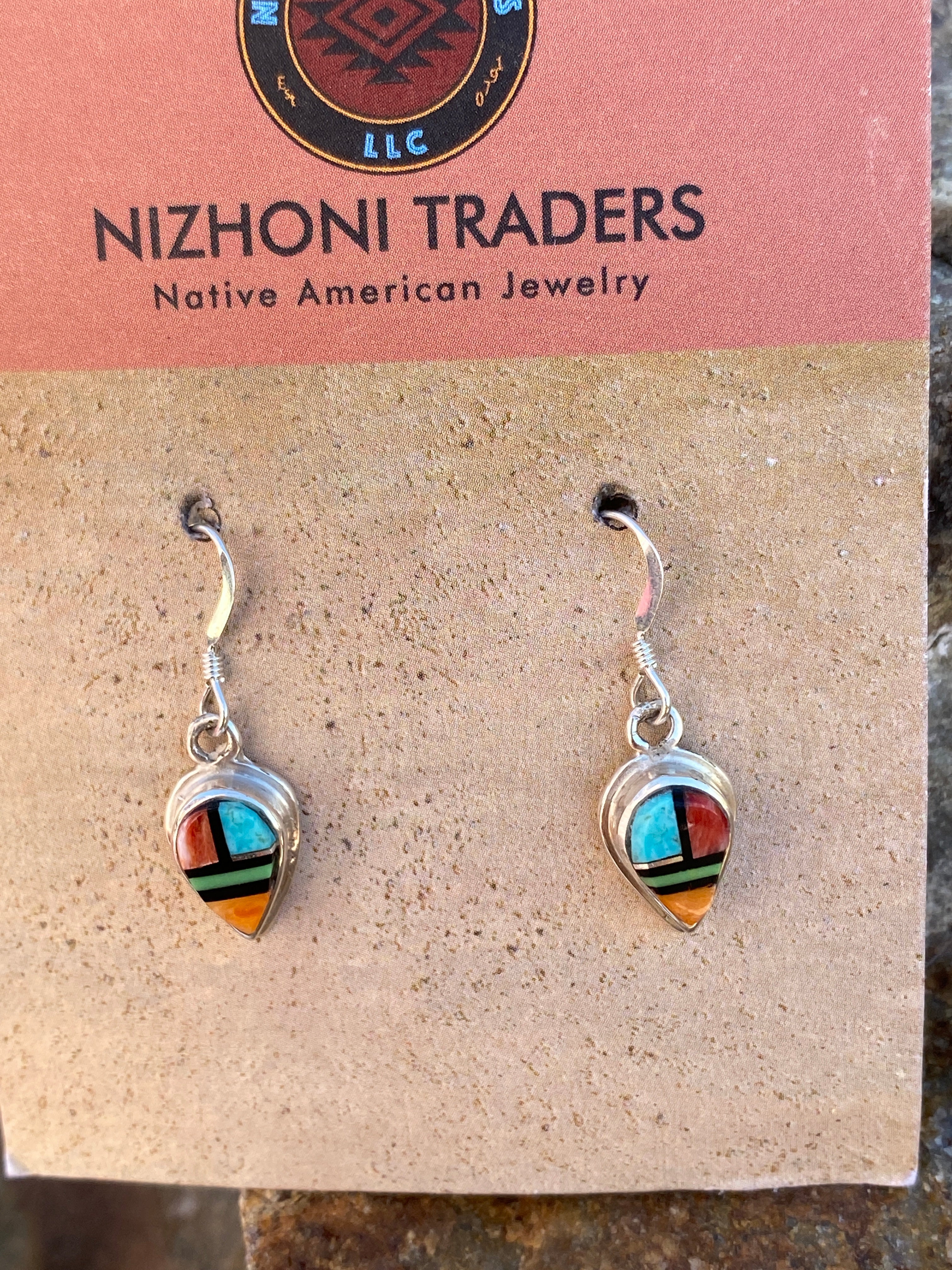 Navajo Turquoise Orange Spiny Drop Dangle Earrings