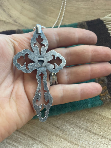 Navajo Sterling Silver & Turquoise Cross Pendant Signed Eugene Mitchell