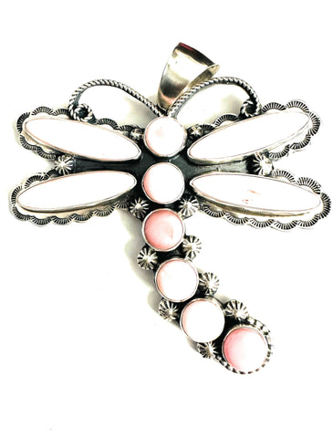 Navajo Queen Pink Conch & Sterling Silver Dragonfly Pendant By Shawn Cayatineto