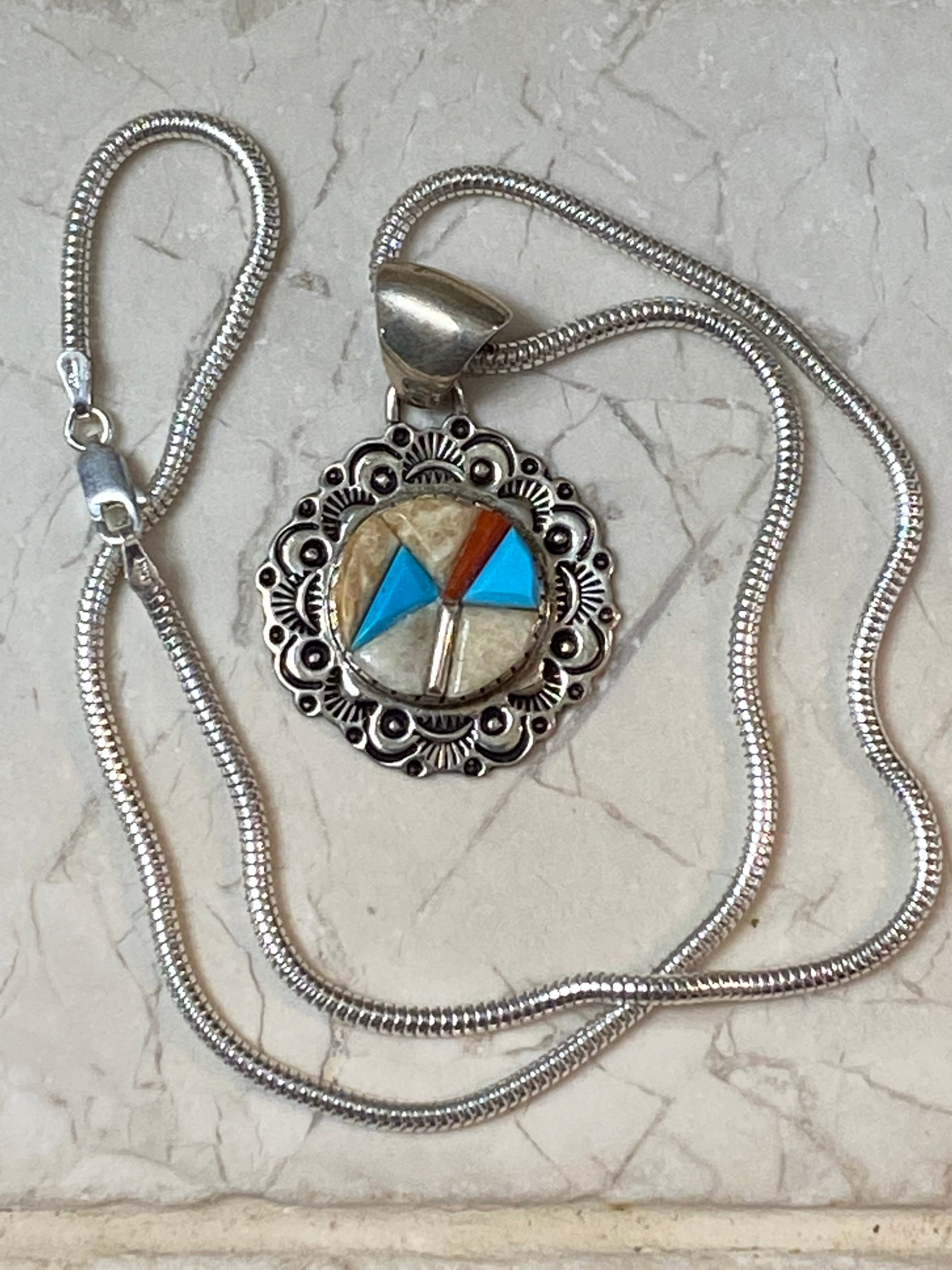 Navajo Turquoise, Coral & Mother of Pearl Pendant Necklace