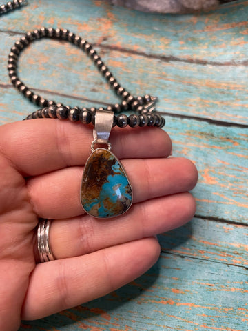 Navajo Turquoise And Sterling Silver Pendant Signed