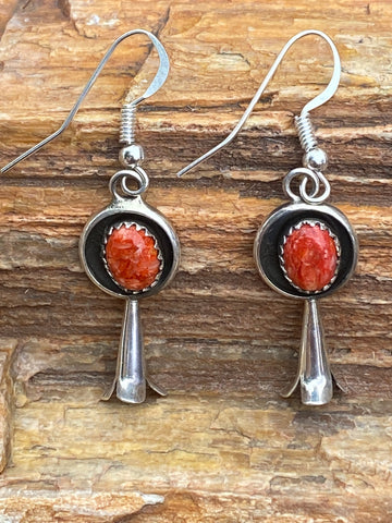 Orange Spiny Oyster and Sterling Silver Blossom Dangle Earrings