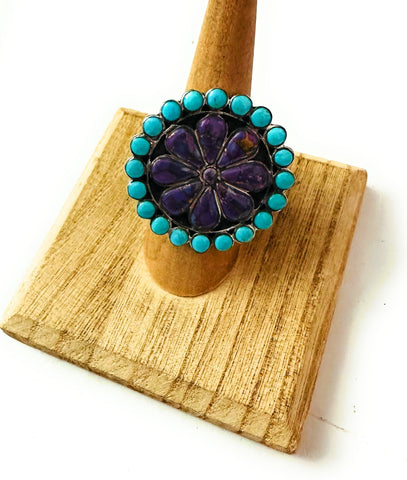 Handmade Sterling Silver, Turquoise & Purple Mojave Cluster Adjustable Ring