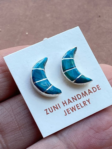 Zuni Sterling Silver & Malachite Inlay Moon Stud Earrings