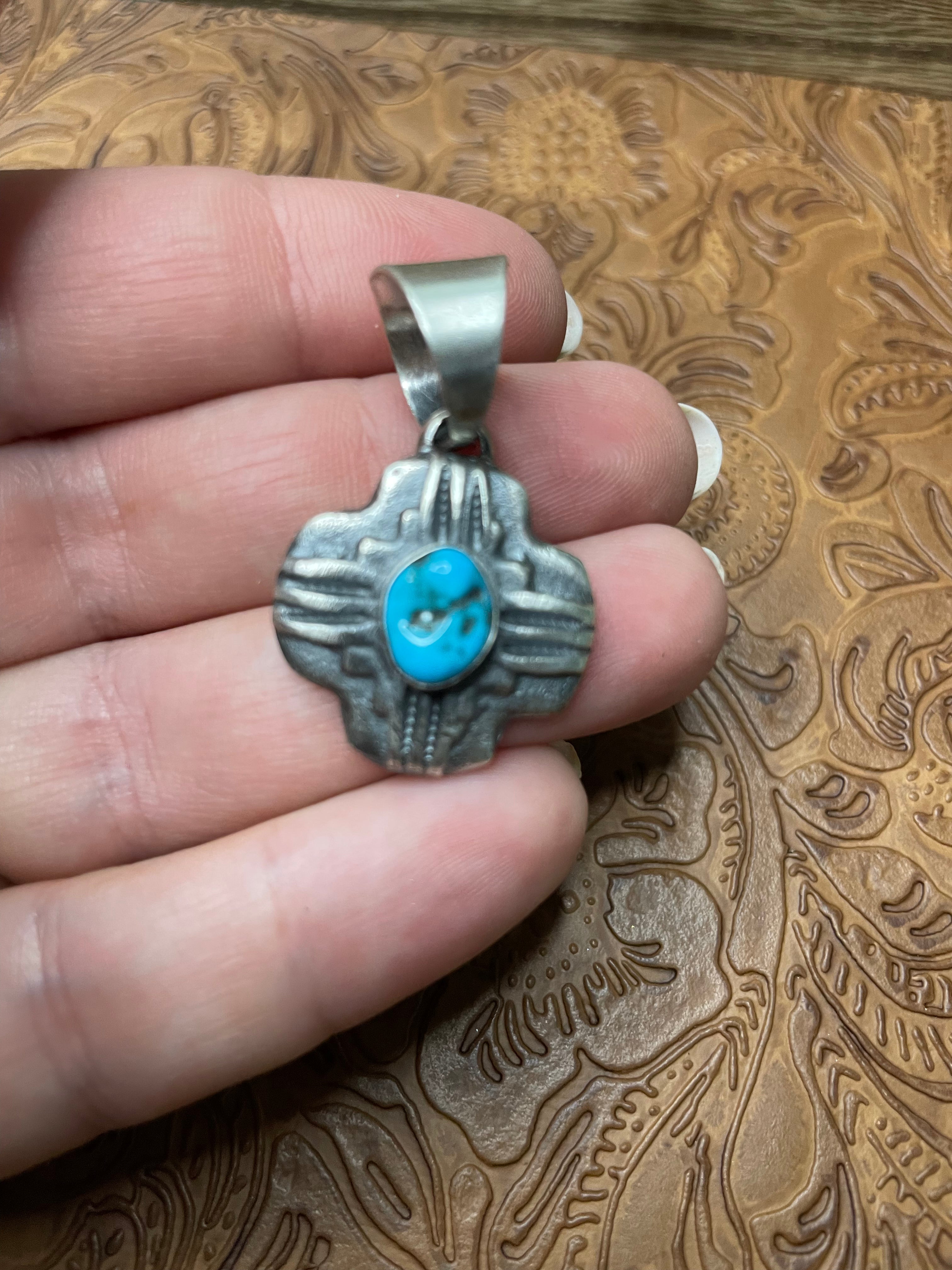 Navajo Sterling Silver Turquoise Pendant By Chimney Butte