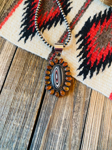 Handmade Sterling Silver, Fordite & Garnet Cluster Pendant