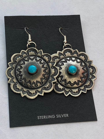 Navajo Turquoise & Sterling Silver Concho Dangle Earrings By Kevin Billah