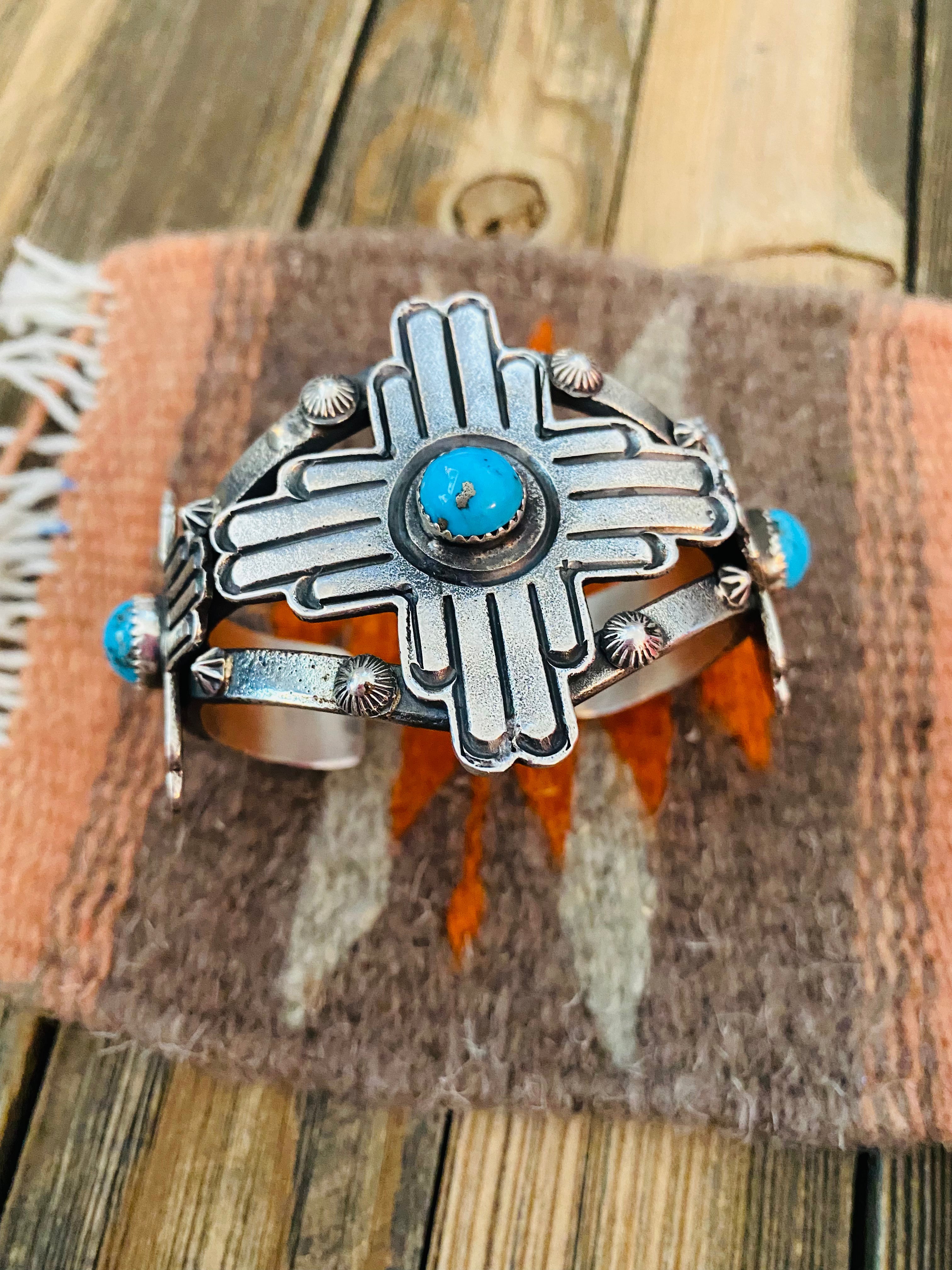 Navajo Sterling Silver & Kingman Turquoise Cross Cuff Bracelet By Kevin Billah