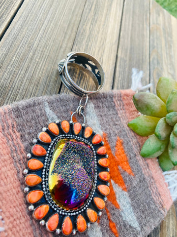 Navajo Sterling Silver, Druzy & Orange Spiny Cluster Pendant