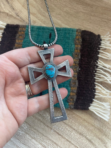 Navajo Sterling Silver & Turquoise Cross Pendant Signed Eugene Mitchell