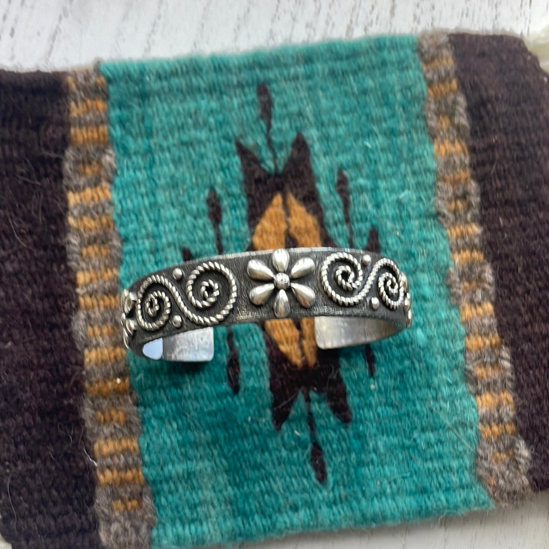 Navajo Sterling Silver Flower Swirl Bracelet Cuff Signed