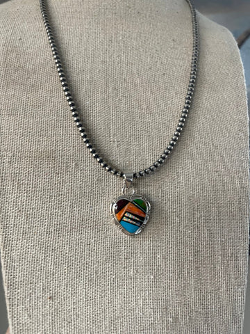 Zuni Sterling Silver And Multi Stone Inlay Pendant