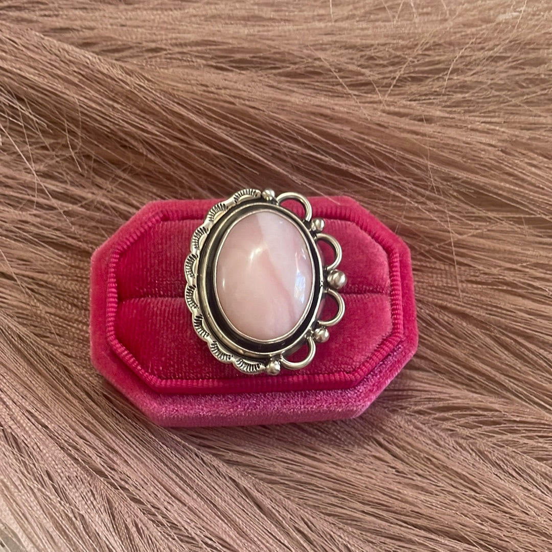 Gorgeous Navajo Pink Peruvian Opal And Sterling Silver Adjustable Ring