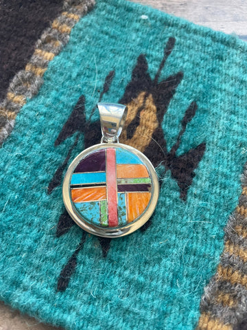 Navajo Multi Stone Inlay & Sterling Silver Circle Pendant