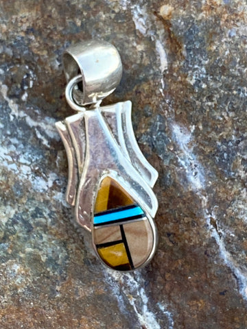 Navajo Turquoise, Onyx, Petrified Wood Pendant