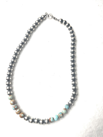 Navajo Sterling Silver Pearl & Turquoise Beaded Necklace 18 Inch