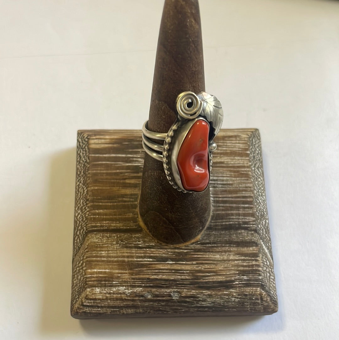 Navajo Coral & Sterling Silver Feather Ring Signed